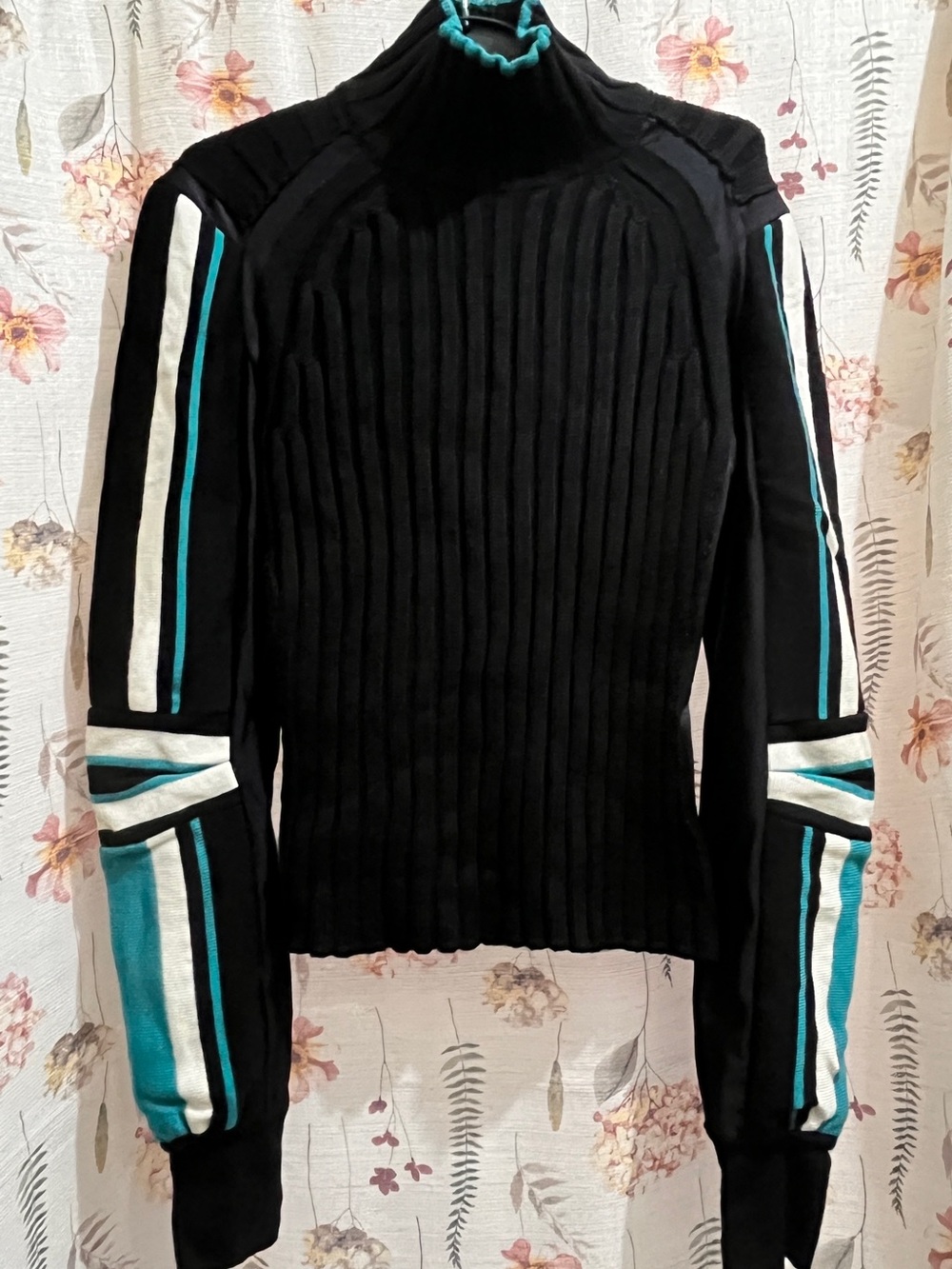 Paola Frani Black Ribbed Turtleneck Sweater with Teal and White Stripes